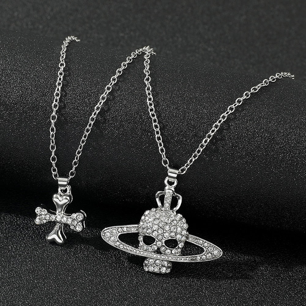 Cross Skull Saturn Necklace Crystal Rheinstone Pendant Gothic Death Planet Jewelry Hip Hop Punk Woman Man Accessories Gift - Niki Ice Jewelry 