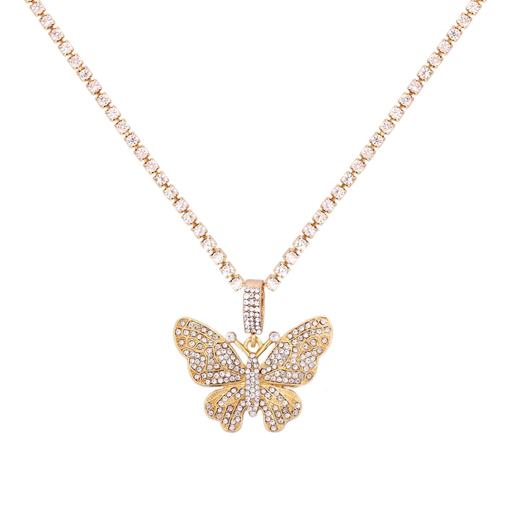 Big Butterfly Pendant Necklace Rhinestone Chain for Women Bling Tennis Chain Crystal Choker  Modern Jewelry