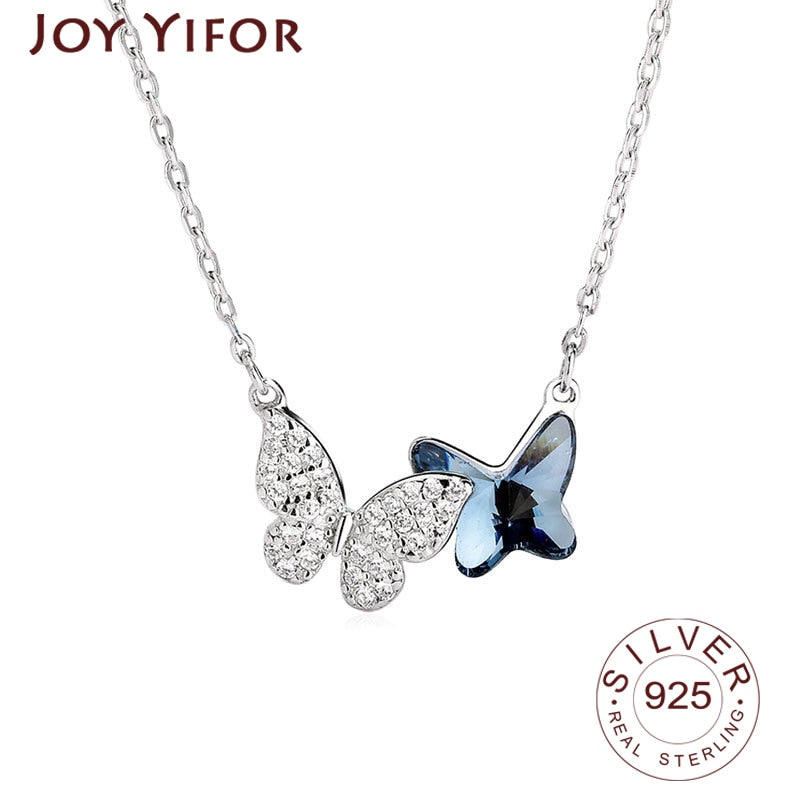 925 Sterling Silver Necklace Ladies Elegant Chain Necklace Fashion Blue Butterfly Shape Modern Jewelry