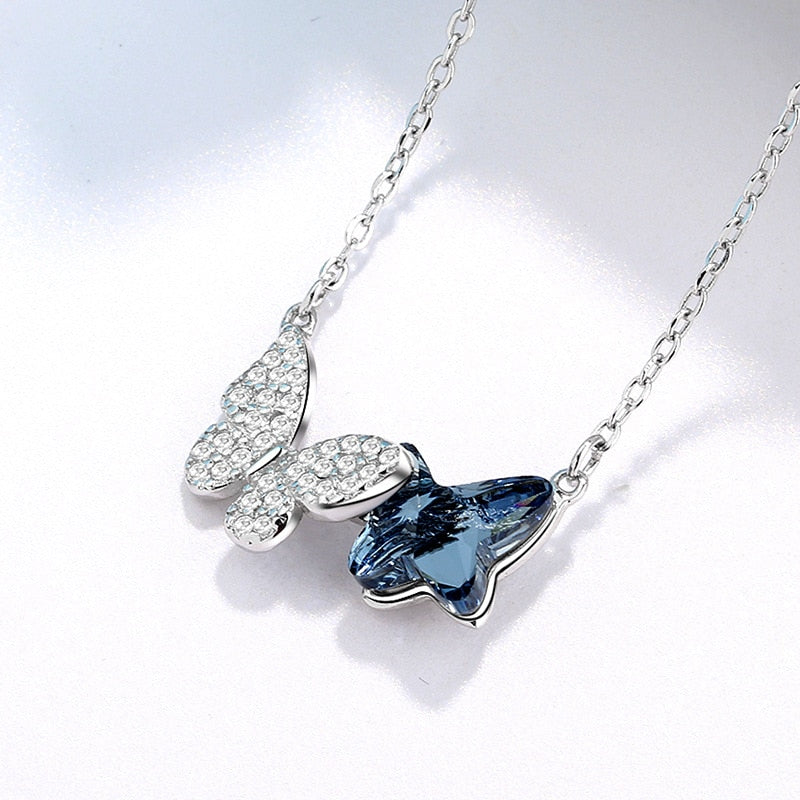 925 Sterling Silver Necklace Ladies Elegant Chain Necklace Fashion Blue Butterfly Shape Modern Jewelry