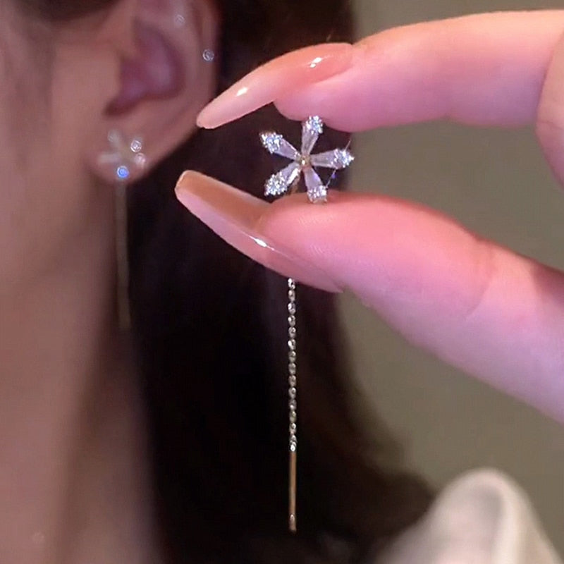 S925 Sterling Silver Needle Micro-inlaid Zircon Flower Ear Line Exquisite Light Luxury Earring