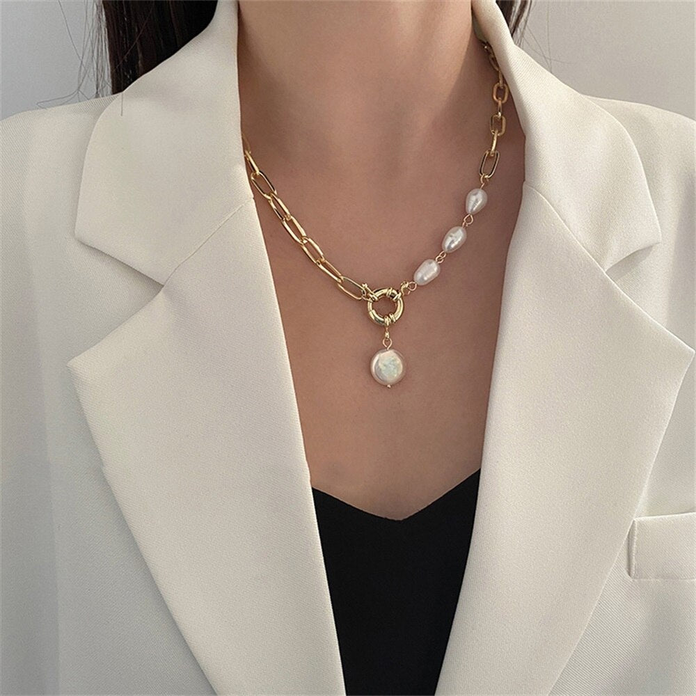 New Vintage Link Chain Heart Pendant Necklace Fashion Pearl Necklace