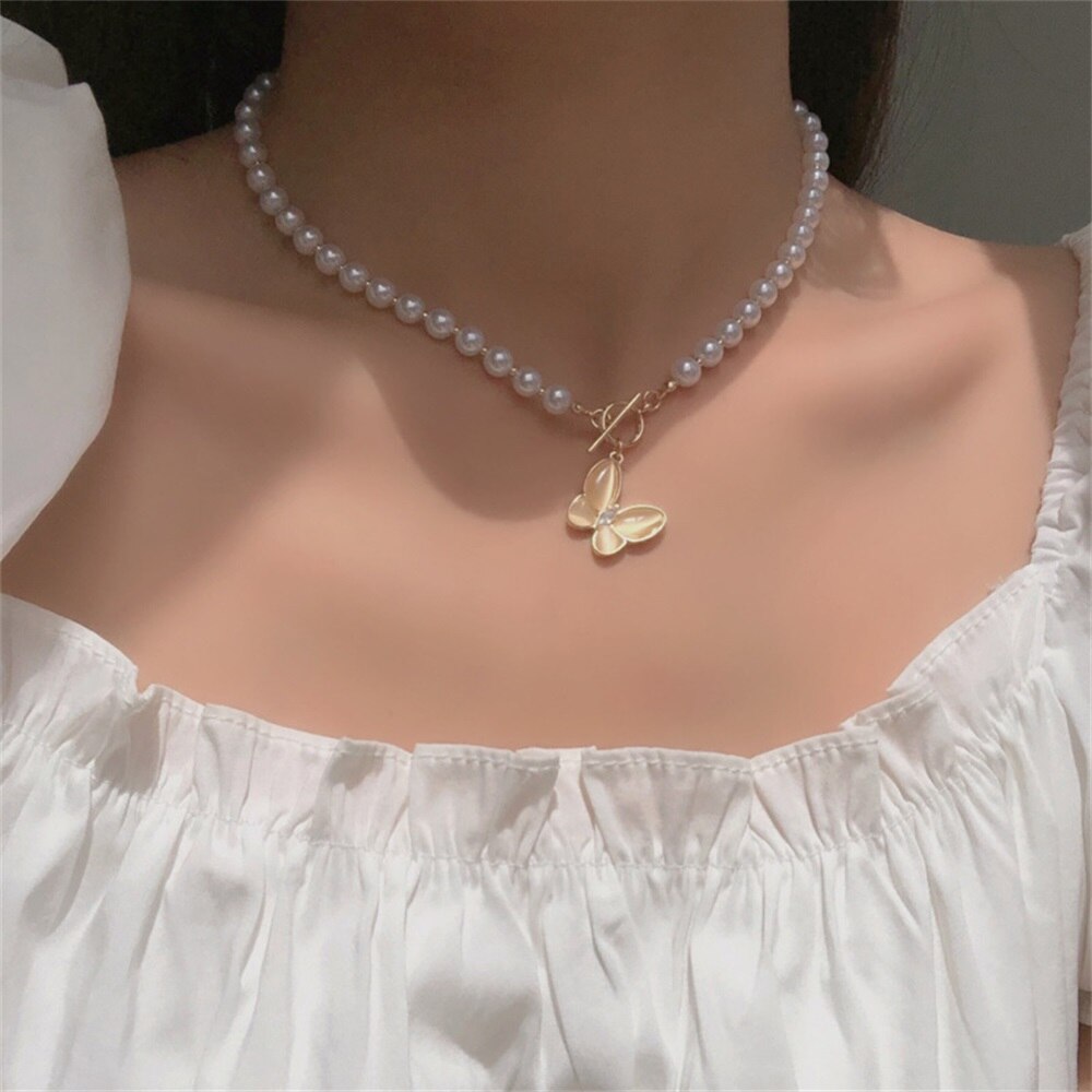 New Vintage Link Chain Heart Pendant Necklace Fashion Pearl Necklace