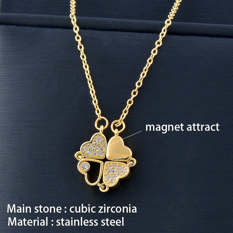 SINLEERY Unusual together 4 crystal heart flower pendant stainless steel necklace gold silver color chain XL333 ZD1 SSK - Niki Ice Jewelry 