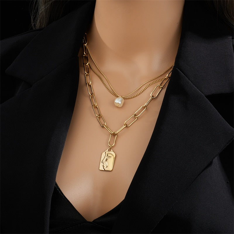 Stainless Steel Gold Color Heart Pearl Pendant Necklace For Women