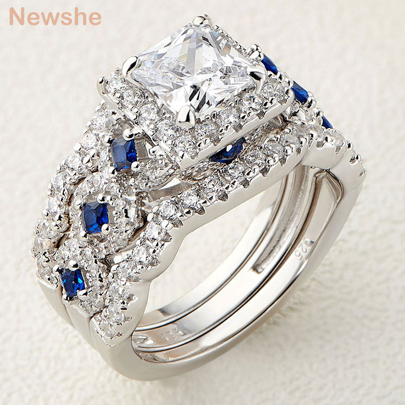 Wedding Ring 3 Pcs Sets for Women 925 Sterling Silver 2.6Ct Princess Cut White Blue  CZ Luxury Engagement Rings - Niki Ice Jewelry 
