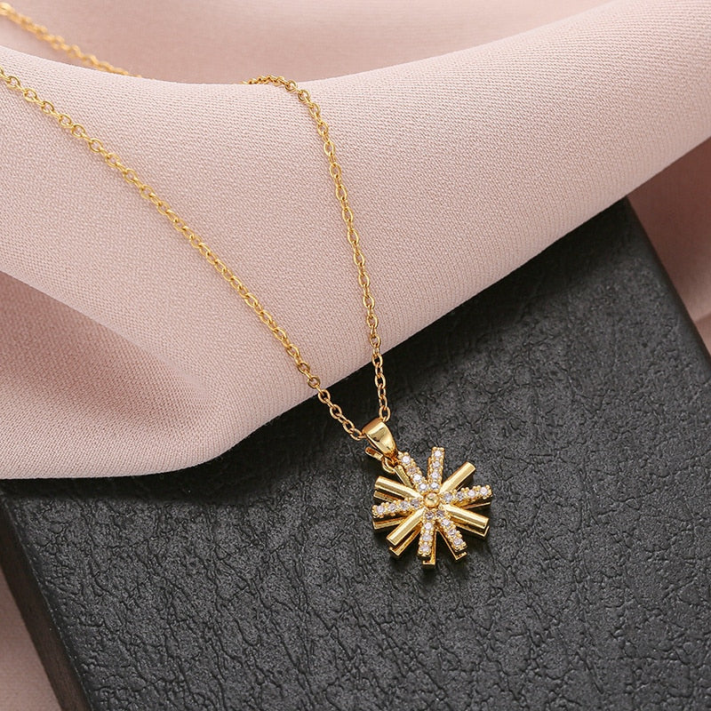 Stainless Steel Rotating Sunflower Pendant Necklace for Women