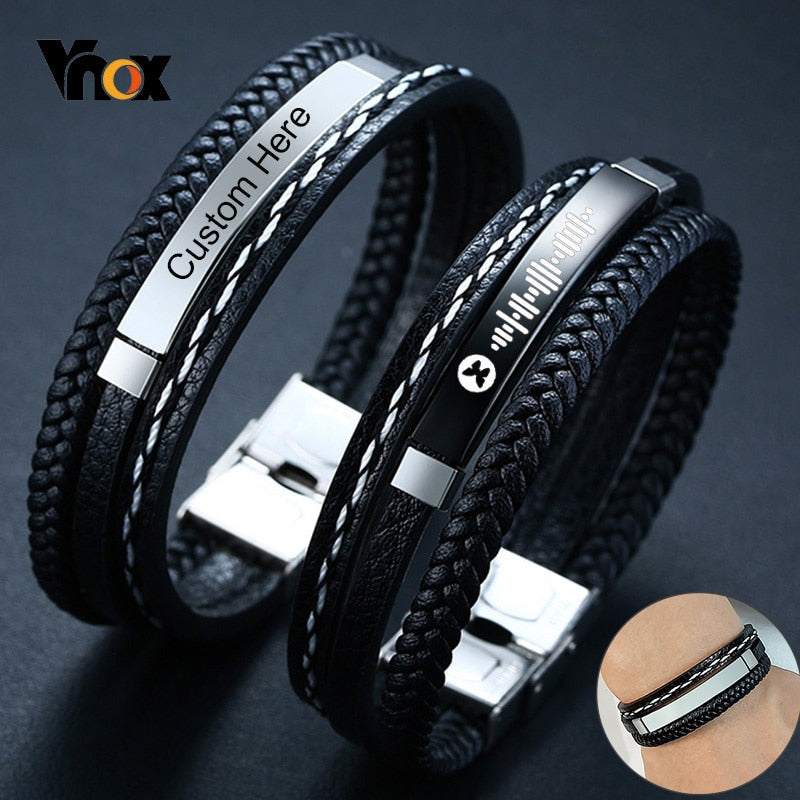 Vnox Customize Name Quotes Leather Bracelets for Men Glossy Stainless Steel Layered Braided Bangle Personalized DAD Husband Gift - Niki Ice Jewelry 