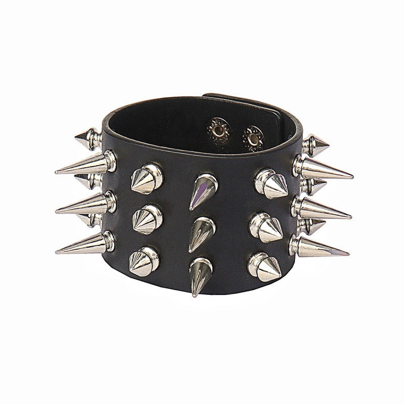 Fashion Gothic Punk Unique Spikes Rivet Stud Wide Cuff Bracelet Leather Punk Gothic Rock Bangle Bracelet Women Men Jewelry - Niki Ice Jewelry 
