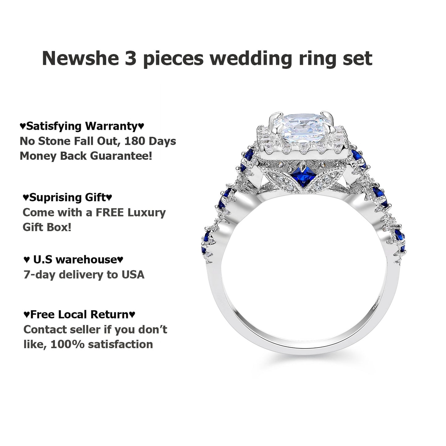 Wedding Ring 3 Pcs Sets for Women 925 Sterling Silver 2.6Ct Princess Cut White Blue  CZ Luxury Engagement Rings - Niki Ice Jewelry 