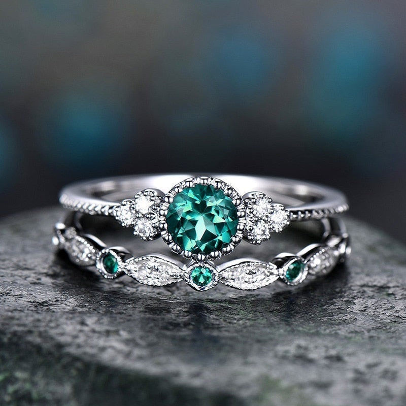2Pcs/Set Classic Silver Plated Ring Green Blue Round Cut Birthstone
