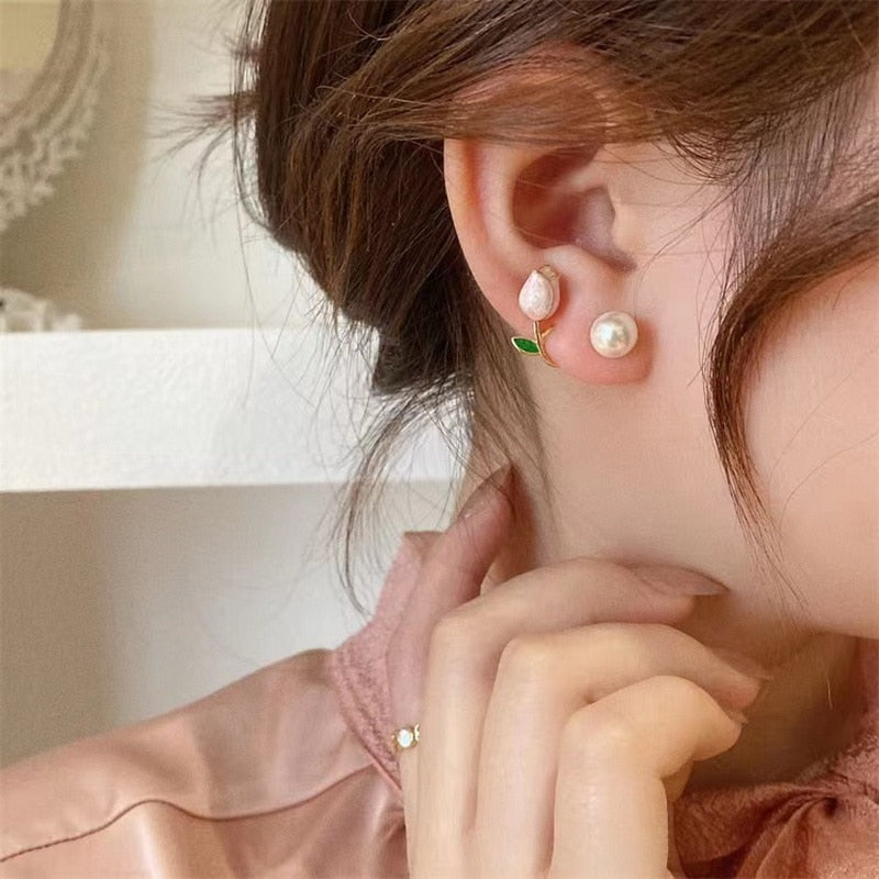 French Light Luxury Pink Tulip Flower Pearl Stud Earrings For Women