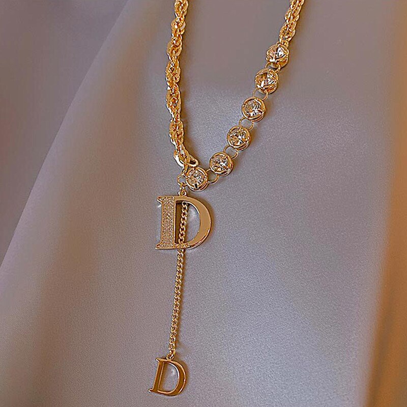 Zircon D Letter Pendant Long Necklace Winter Sweater Chain Fashion Jewelry