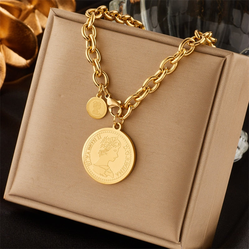 DIEYURO 316L Stainless Steel Gold Color Hip Hop Round Portrait Coin Necklace For Women Men Fashion Trend Girl Jewelry Gift Joyas