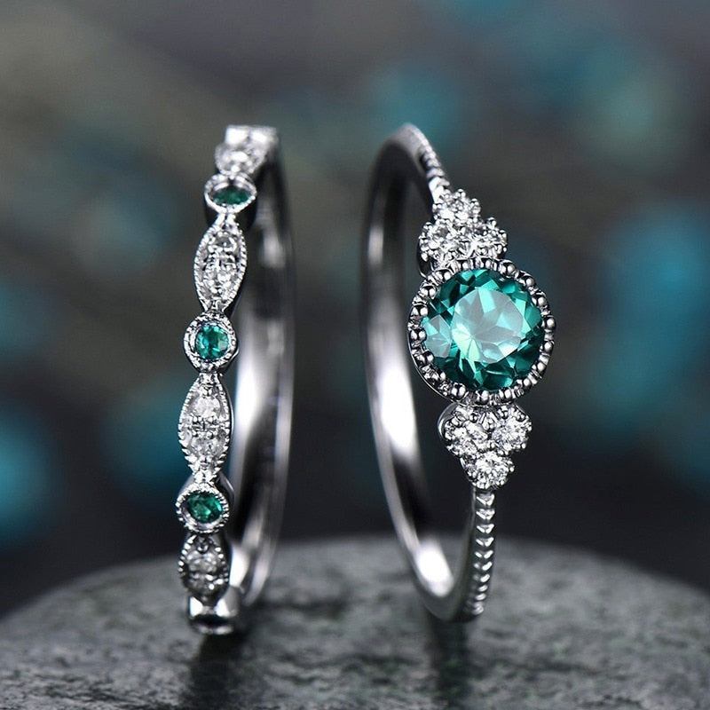 2Pcs/Set Classic Silver Plated Ring Green Blue Round Cut Birthstone