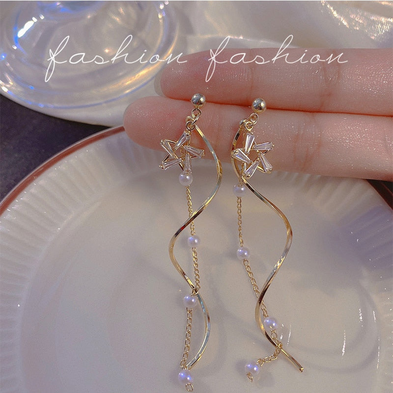 New Long Crystal Star Tassel Pearl Golden Earrings For Women