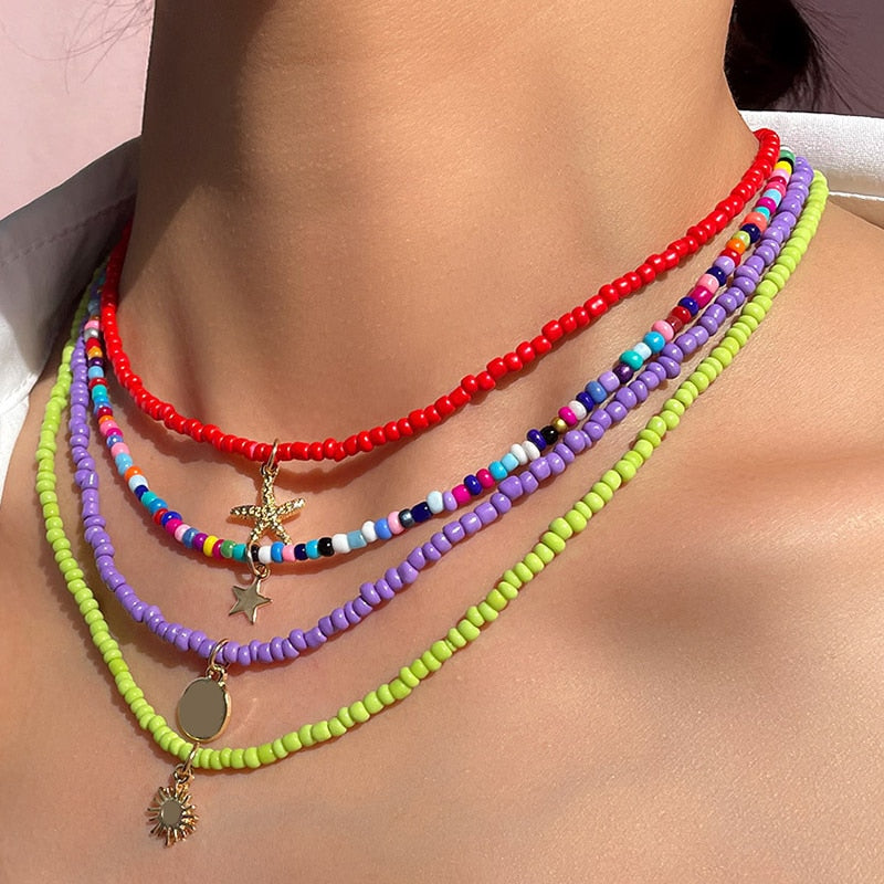 Bohemian Multilayer Handmade Beads Chain Fashion Necklaces Tassels Moon Star Crystal Pendant