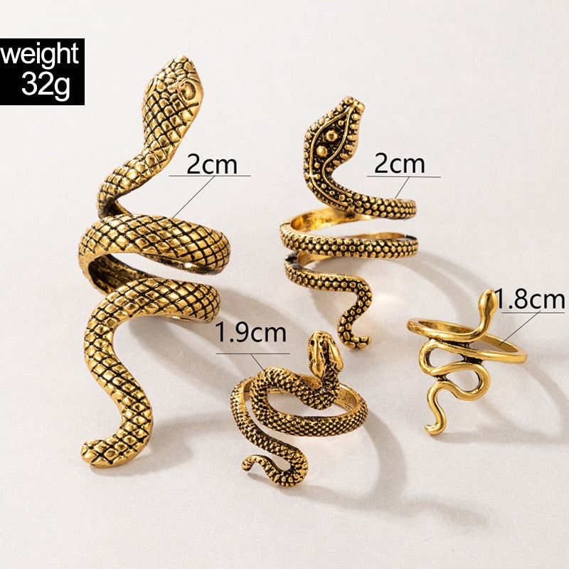 4pcs/set Vintage Snake Shape Rings for Women Men Gothic Silver Color Animal Exaggerated Metal Alloy Finger Ring Sets Jewelry - Niki Ice Jewelry 