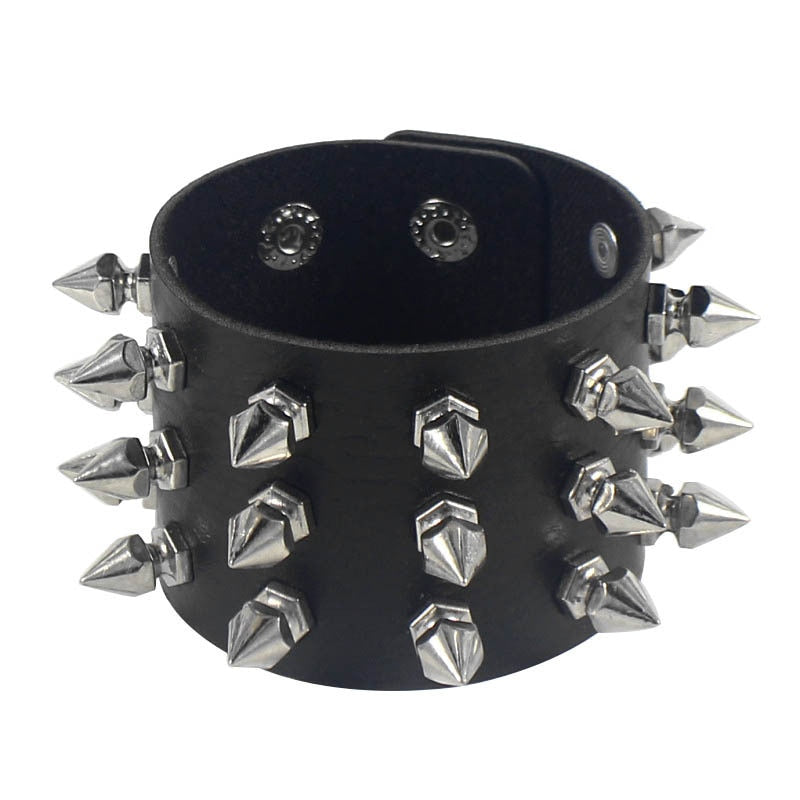 Fashion Gothic Punk Unique Spikes Rivet Stud Wide Cuff Bracelet Leather Punk Gothic Rock Bangle Bracelet Women Men Jewelry - Niki Ice Jewelry 