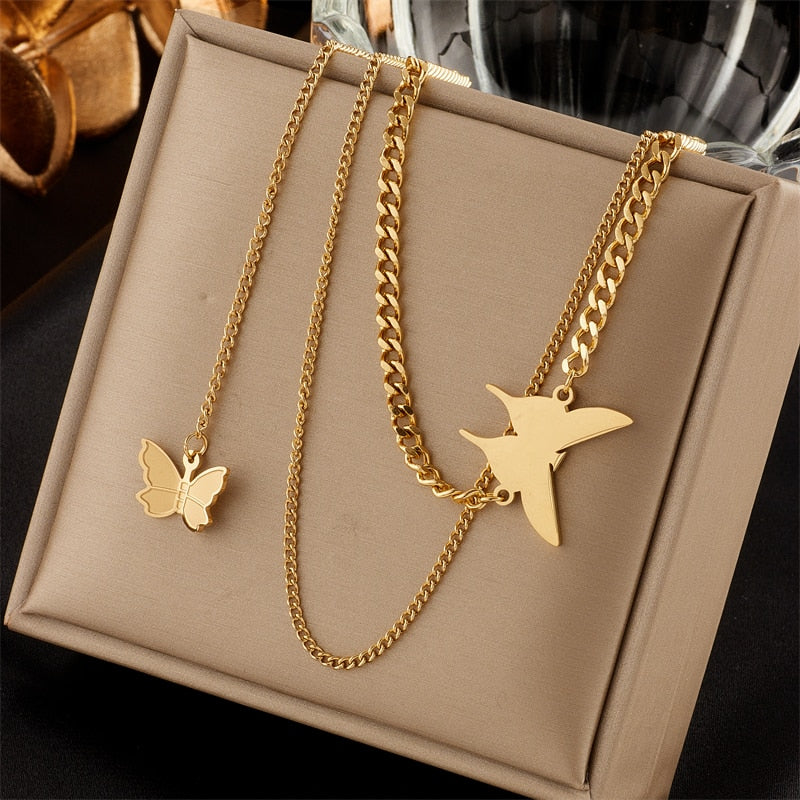 Stainless Steel Geometry Star Moon Butterfly Pendant 14 choices Multilayer Chain Choker Necklace
