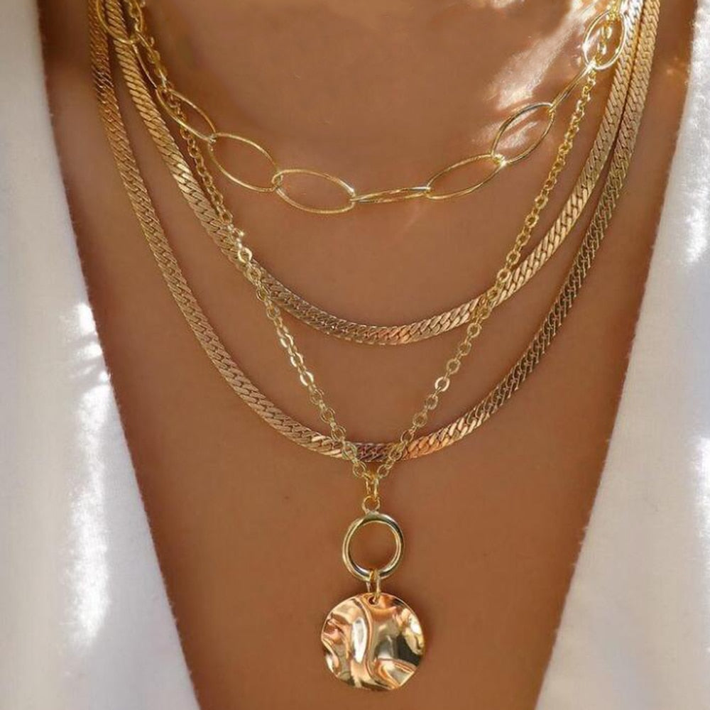 Bohemia Gold Color Pendant For Women Moon Rose Flower Lock Cross Choker Necklace