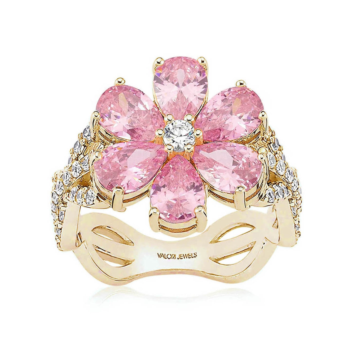 Valori Jewels Magnolia Flower Ring, 2 Ct Zircon Pink Pear Gemstone, Rhodium Plated, 925 Silver, Fine Jewelry - Niki Ice Jewelry 