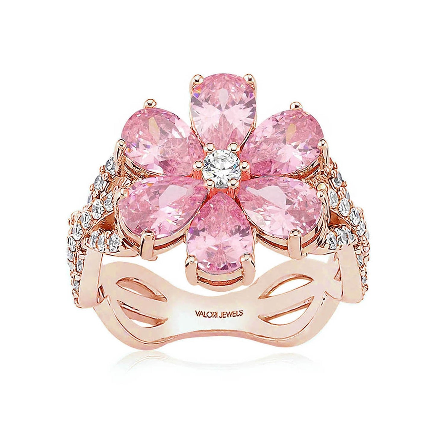 Valori Jewels Magnolia Flower Ring, 2 Ct Zircon Pink Pear Gemstone, Rhodium Plated, 925 Silver, Fine Jewelry - Niki Ice Jewelry 