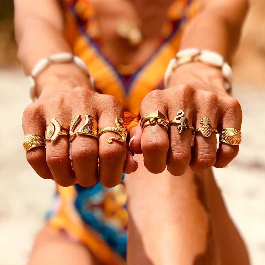 Bohemian Pineapple Snake 9 Piece Ring Set - Niki Ice Jewelry 