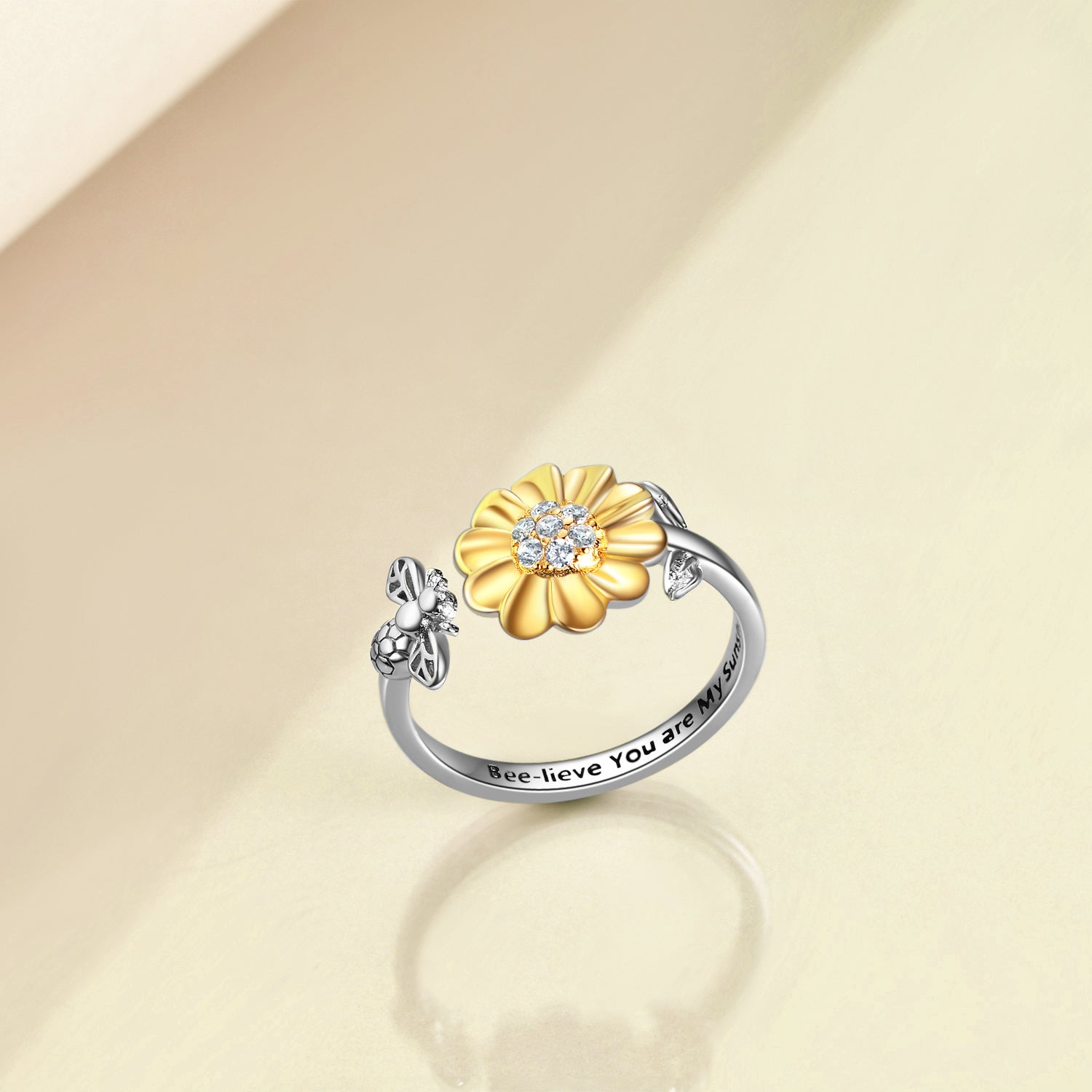 Sterling Silver Sunflower with Bee-live You Are My Sunshine Open Adjustable Ring - Niki Ice Jewelry 