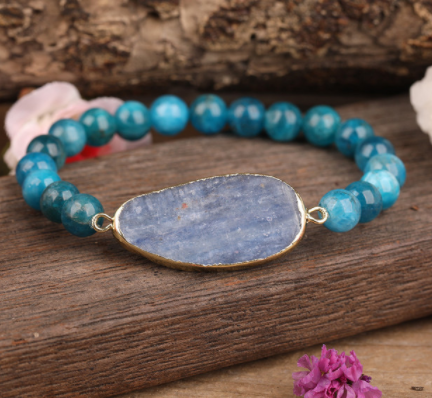 Natural Blue Crystal Disc Bead Cuff Bracelet For Women Bohemian