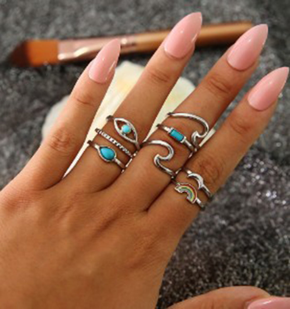 Leaf Crown Geometric Articulation Rings 6 Piece Combination Rings - Niki Ice Jewelry 