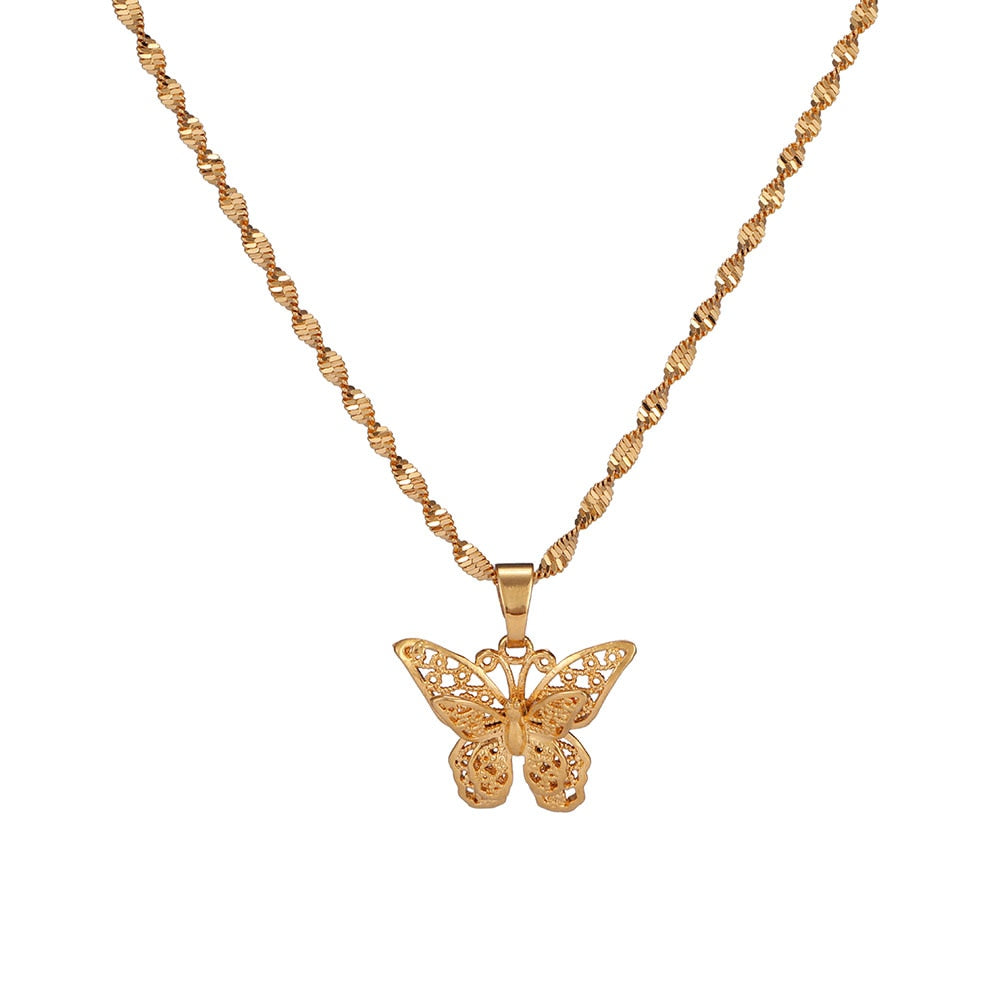St.kunkka Butterfly Statement Necklaces Pendants Woman Chokers Collar Water Wave Chain Bib 24K Yellow Gold Filled Chunky Jewelry