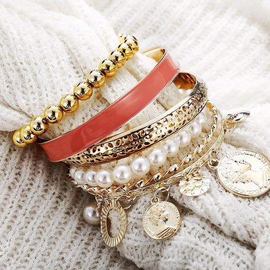 4 Piece Coral Bracelet Set 18K Gold Plated Bracelet in 18K Gold Plated for Bohemian Style