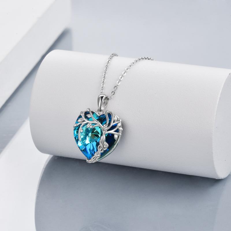 Tree of Life Necklace Sterling Silver Blue Crystal Heart Pendant Jewelry for Women Gifts - Niki Ice Jewelry 
